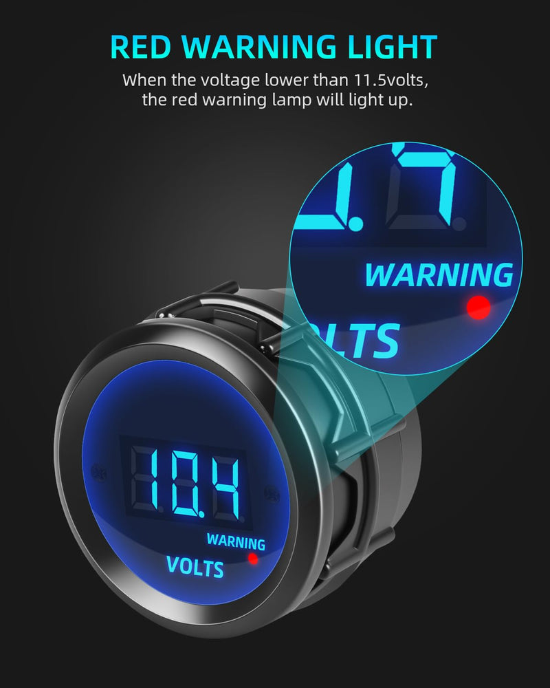 DC 12V Car Voltage Gauge, Safpovel 8-18V 2inches 52mm Blue Digital LED Display Voltmeter with Alarm, Universal Waterpoof Volt Meter Panel Kit for Marine Car Truck Boat Automotive Vehicles 1P