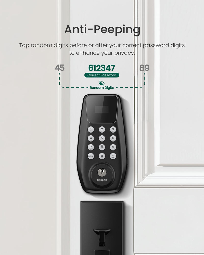 DESLOC C100 Keyless Entry Door Lock with Visual Display, 100 Customizable User Codes and 4 One-Pass Code, Door Locks for Front Door with 2 Keys,12 Months Battery, IP54, BHMA Grade 3, Auto Lock, Black Kepad