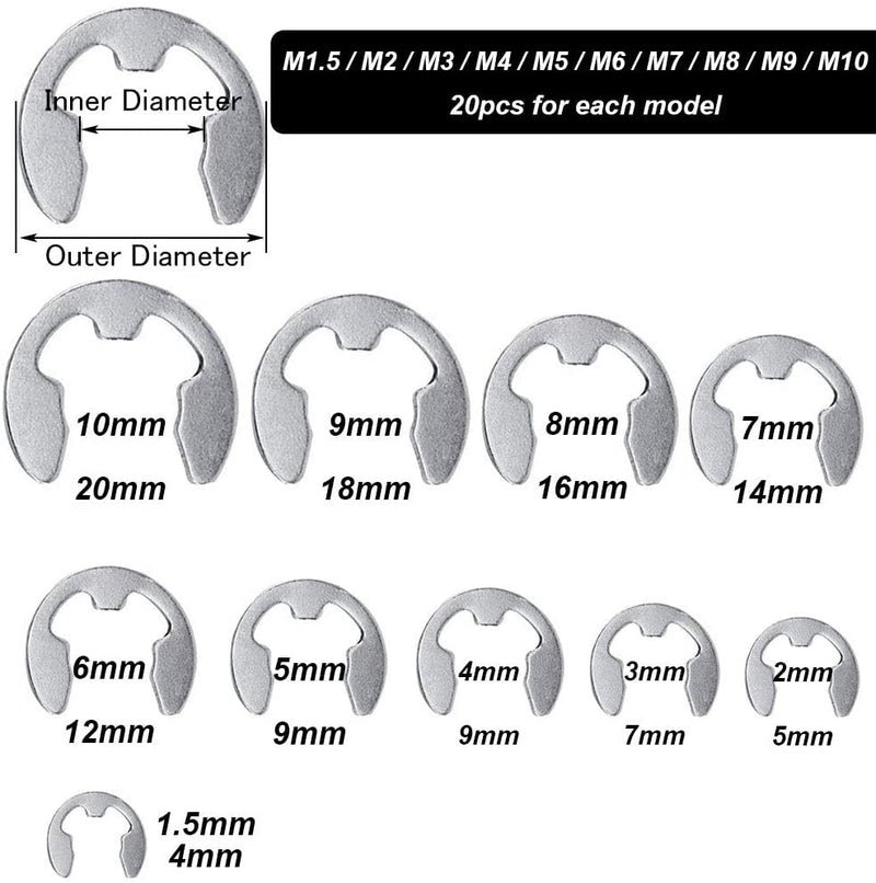 E-Clip External Retaining Ring Assortment Kit 120Pcs 10 Sizes E-Clip Circlip Ring 304 Stainless Steel Opening Snap Ring Circlip Set with Box