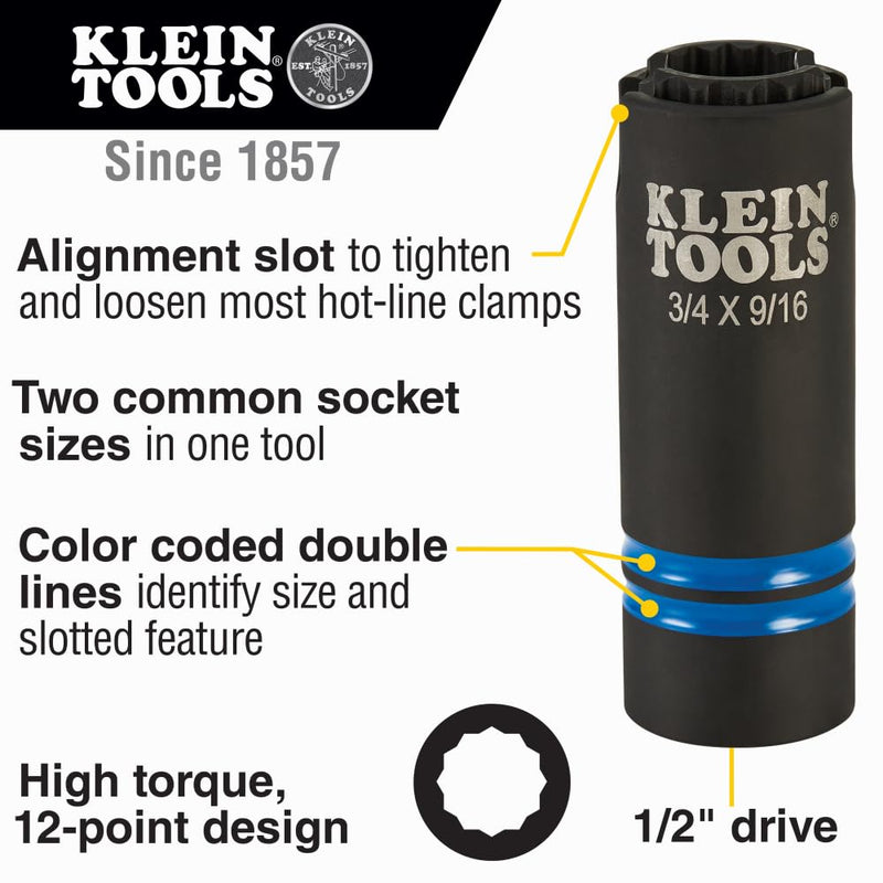 Klein Tools 66031 3-in-1 Slotted Impact Socket, 12-Point Deep Sockets, Coaxial Spring Loaded, 3/4 and 9/16-Inch Hex Sizes, 1/2-Inch Drive 3/4-Inch and 9/16-Inch Spring Loaded Socket