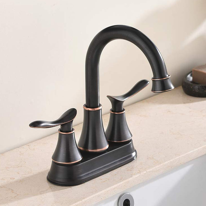KINGO HOME Modern 2 Handle Oil Rubbed Bronze Bathroom Faucet, Bronze Bathroom Faucets RV Rubbed Bronze Bath Vanity Faucet for Sink 3 Hole with Water Supply Lines and Pop Up Drain