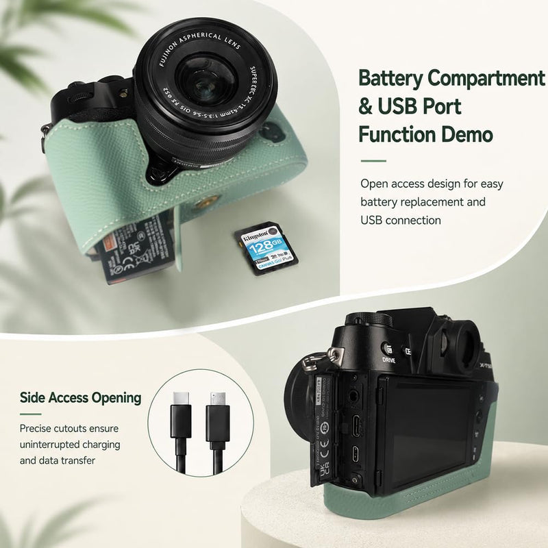 Bowan X-T50 Camera Case, Handmade Genuine Real Leather Half Camera Case Bag Cover for Fujifilm X-T50 Camera Bottom Opening Version + Hand Strap (Mint green) Mint green