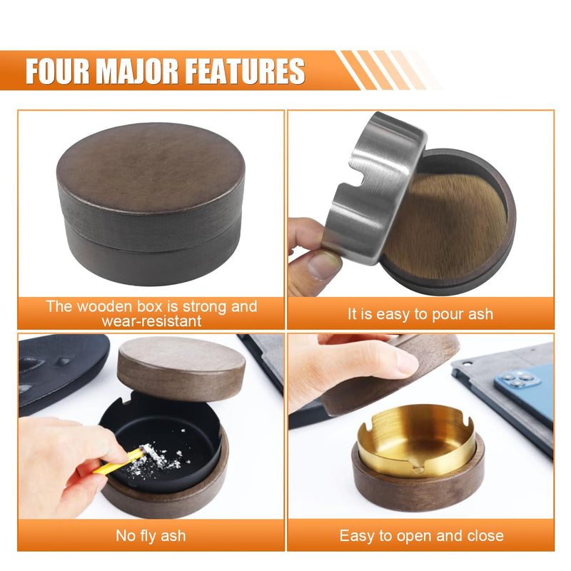 Portable Car Ashtray with Windproof Lid, Carry-on Smokeless Self-Extinguishing Cigarette Ashtray Cup Holder Mini Trash Can, Detachable Stainless Steel Wooden Ashtray for Home Office (Black) Black