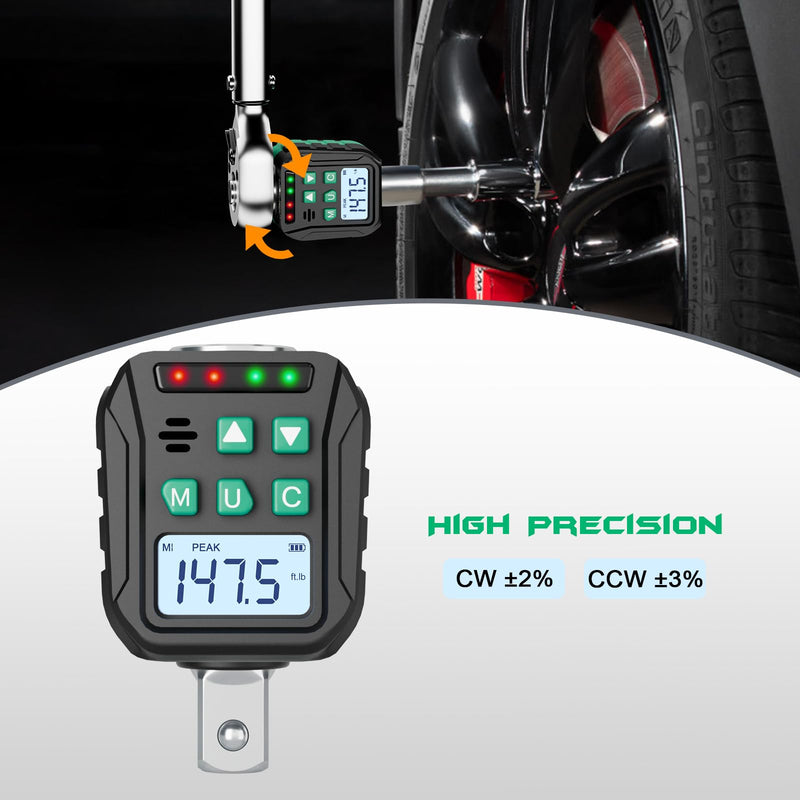 1/2-Inch Digital Torque Adapter, 7.38-147.5 Ft.lb/10-200 N.m, Electronic Torque Wrench Converter with ±2% Accuracy, Preset Function, Data Storage, 3/8” & 1/4” Adapter for Bike, Moto, Car 1/2-Inch 7.38-147.5 Ft-lb/10-200 Nm