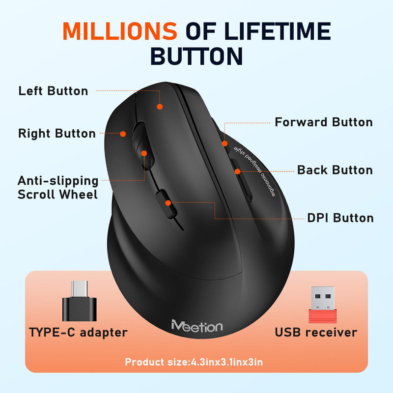 MEETION Left-Handed Ergonomic Mouse, Vertical RGB Wireless Design, Black | Comfortable vertical grip for left-handed users, rechargeable battery, Bluetooth 5.2/3.0, USB-A receiver, 4 DPI settings