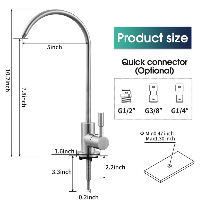 Drinking Water Faucet Brushed Nickel SUS304 Stainless Steel Kitchen Water Filter Faucet, Lead-Free Reverse Osmosis Water Faucet RO Faucets