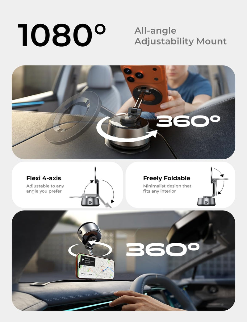 LISEN SuctionPro Vacuum Magnetic Phone Holder Electric Content Creator Phone Holder 360 Adjustable MagSafe Suction Cup Car Phone Mount fit Video Recording for iPhone 17 Pro Max Air 16 15 14 13 Black