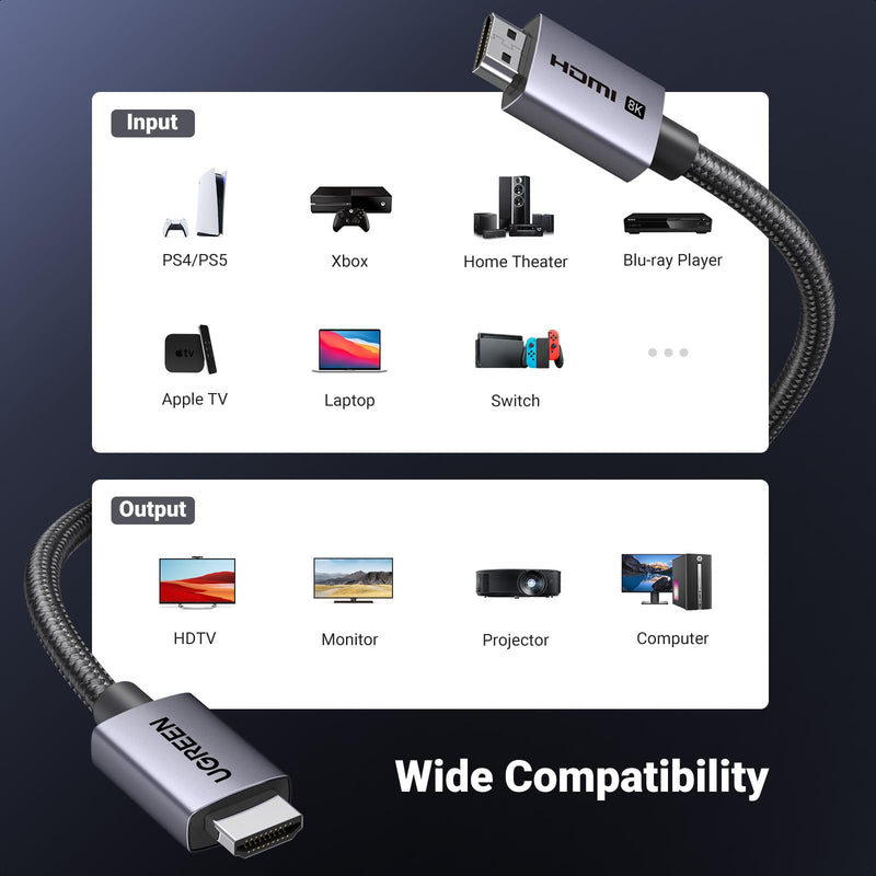 UGREEN 8K HDMI 2.1 Cable 48Gbps 16FT, Certified Ultra High Speed HDMI Cord Aluminum, 4K@240Hz 120Hz 10K 8K@60Hz, HDCP 2.2&2.3, eARC HDR 10 Dolby Compatible with PS5/Blu-ray/Roku TV/Switch 2/Mac mini