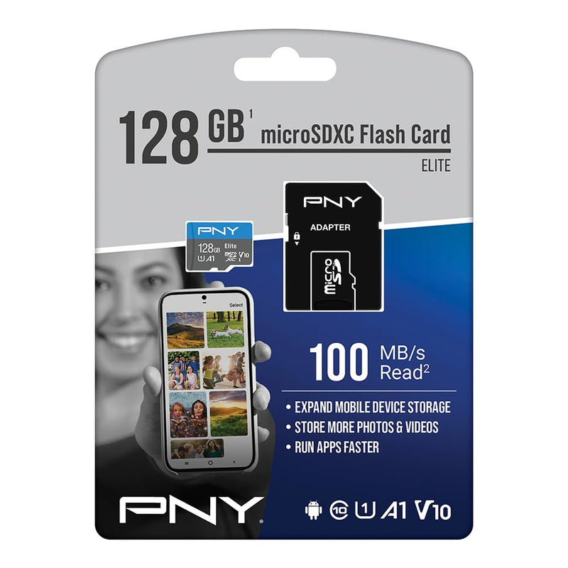 PNY 128GB Elite Mobile Accessories Class 10 U1 V10 A1 microSDXC Flash Memory Card - 100MB/s, Class 10, U1, V10, A1, Full HD, UHS-I, Micro SD