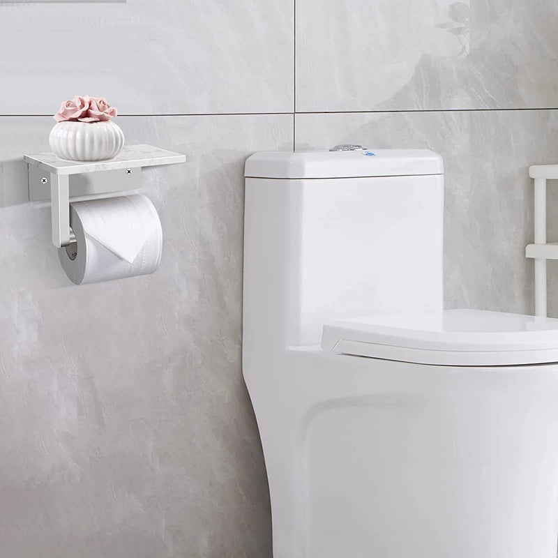 Toilet Paper Holder with White Marble Shelf, Without Drilling Stainless Steel Toilet Roll Holder for Wall, Modern Toilet Paper Holder for Kitchen Bathroom (Brushed) Brushed