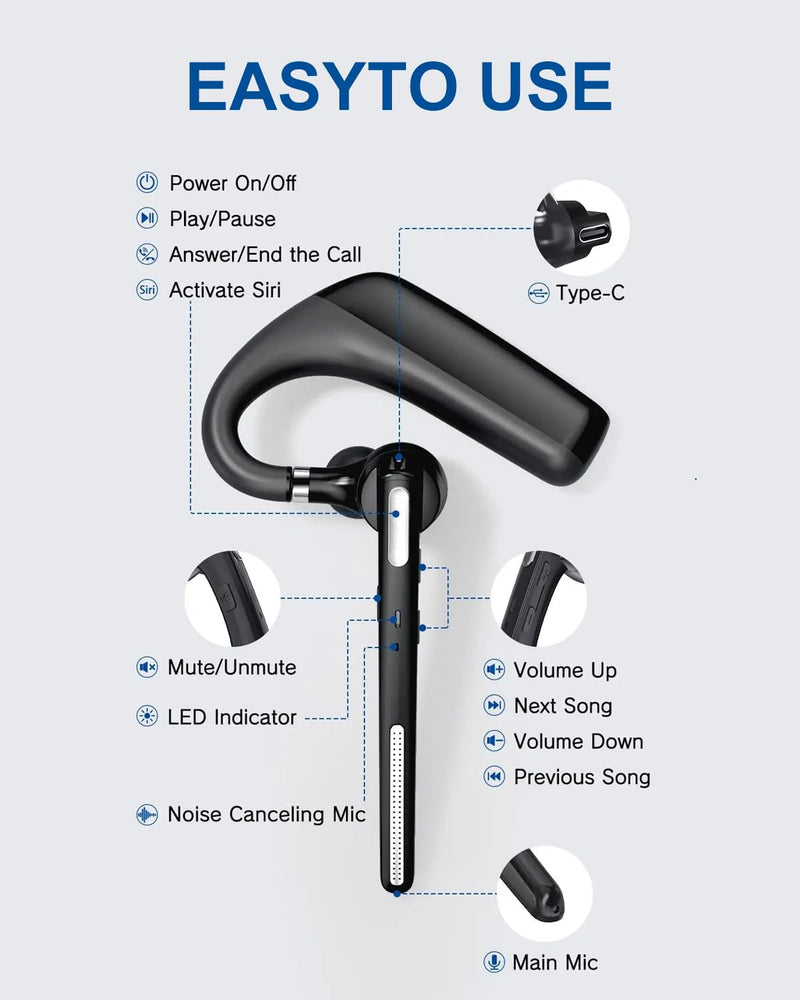 Kendir Bluetooth Headset V5.4, Wireless Bluetooth Earpiece with CVC8.0 Dual Mic Noise Cancelling 110 Hours Talktime for Cell Phone/iPhone and Android Headphones for Trucker/Driver/Business