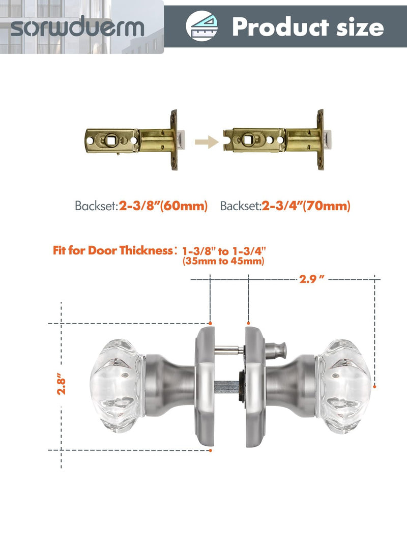 1 Pack Glass Door Knobs Nickel Door Knob Interior Satin Nickel Privacy Brushed Nickel Glass Silver Door Knob for Bedroom and Bathroom Crystal Door Knobs 1