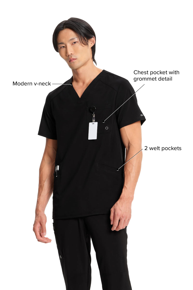 Cherokee Infinity Mens V-Neck Scrub Top Modern Fit, 3 Pockets, Rib-Knit Back Panels, Moisture-Wicking 360° Stretch – CK900A Large Black