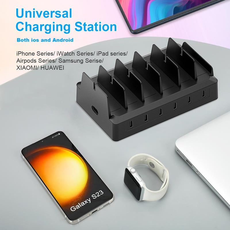 Charging Station for Multiple Devices, 6 Port USB Desktop Charger Dock Compatible with iPad, Samsung, Android, Tablet, Family Multi Phone Charging Organizer with Divider Holders, Fireproof ABS (Black) Black