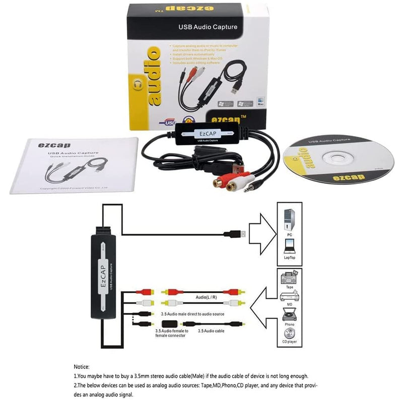 USB Audio Capture Recorder Card Converts Turntable LP/Cassette Tape Audio to MP3/WAV Digital Music Converter Adapter, Support XP/Vista/7/8/8.1/10 and