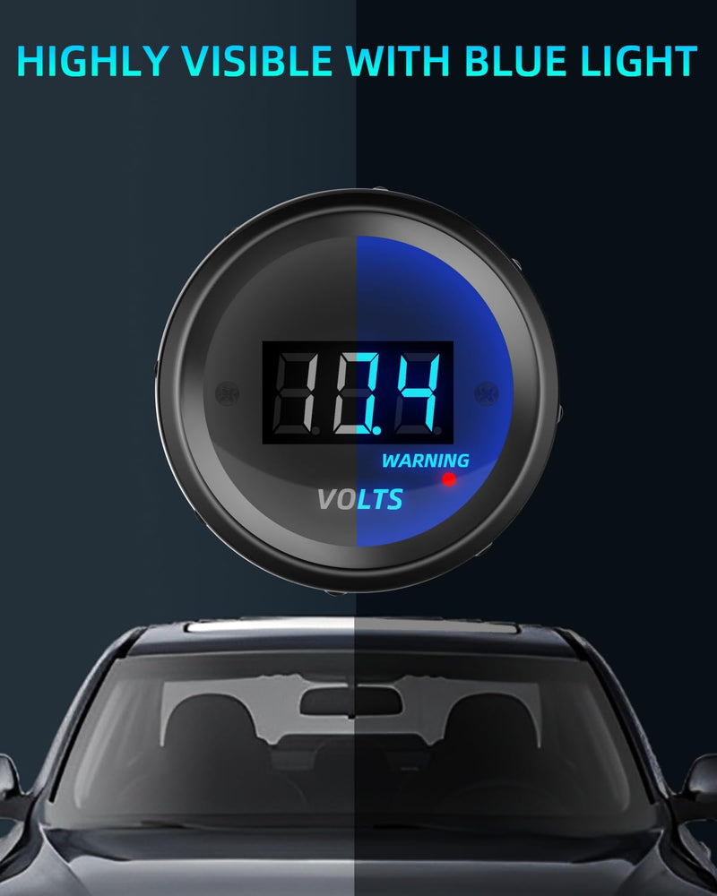 DC 12V Car Voltage Gauge, Safpovel 8-18V 2inches 52mm Blue Digital LED Display Voltmeter with Alarm, Universal Waterpoof Volt Meter Panel Kit for Marine Car Truck Boat Automotive Vehicles 1P