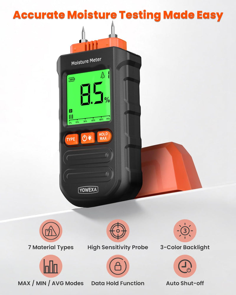 Pin-Type Wood Moisture Meter for Hardwood & Softwood | 7 Material Modes, Backlit LCD, Max/Min/Avg & Data Hold for Firewood, Lumber, Drywall & Selected Wall Materials