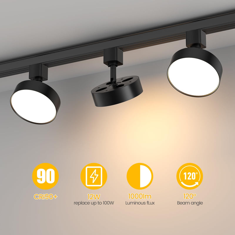 Diffuse LED Track Lighting Heads H Type Track Light Heads Dimmable Kitchen Track Lighting Fixtures Ceiling, Compatible with H Track Rails - Flicker Free CRI90+ 3000K 12W 1000lm, 3 Pack Black