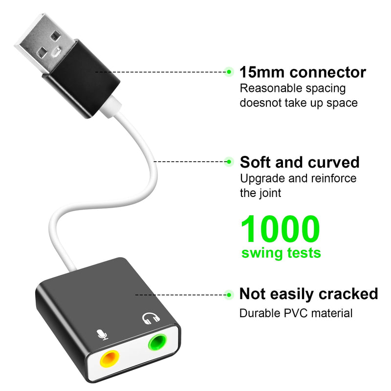 USB Audio Adapter, External Sound Card for PC and Laptop，USB Microphone Adapter to 3.5mm(1/8 inch) for Headphone, Speaker and Microphone Jack, Plug and Play