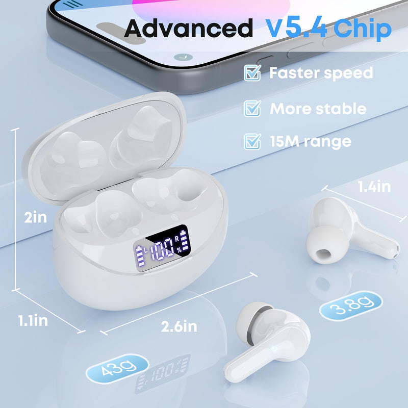 Wireless Earbuds Bluetooth 5.4 Headphones, Noise Cancelling Mic Ear Buds with 50H Playback, LED Digital Display, IPX7 Waterproof Earphones for Office/Running/Workout White