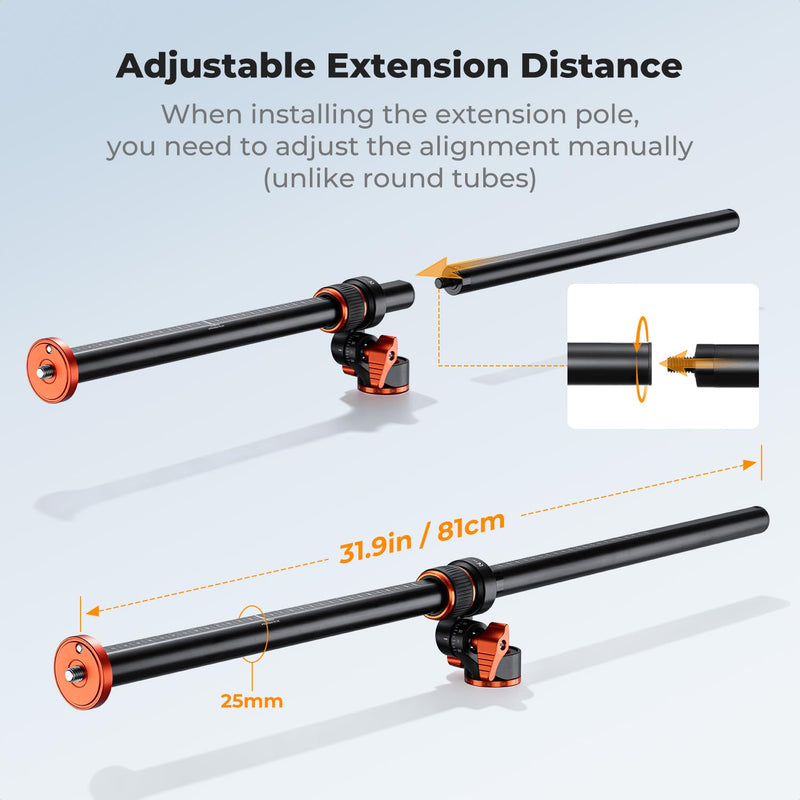 K&F CONCEPT 32" Aluminum Horizontal Tripod Extension Arm | 2-Section Detachable Center Column, D-Shaped Tube, 360° Rotatable&180° Tilt, Overhead Macro Photography, Support 11lbs, MS105 MS105 32"
