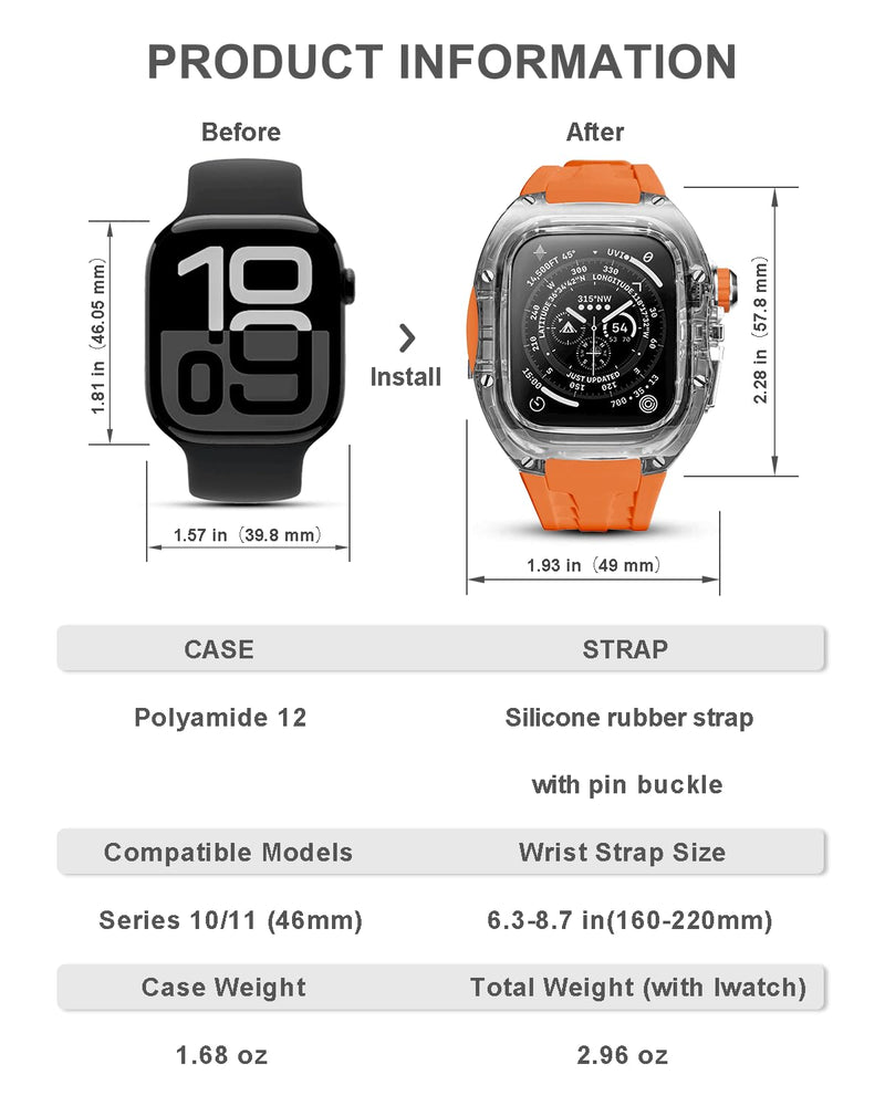 Rugged Case with Band for Apple Watch Series 10/11 46mm, Heavy Duty Case with Black Silicone Sport Strap, Shockproof Translucent Nylon Bumper Cover for iWatch, Clear/Orange