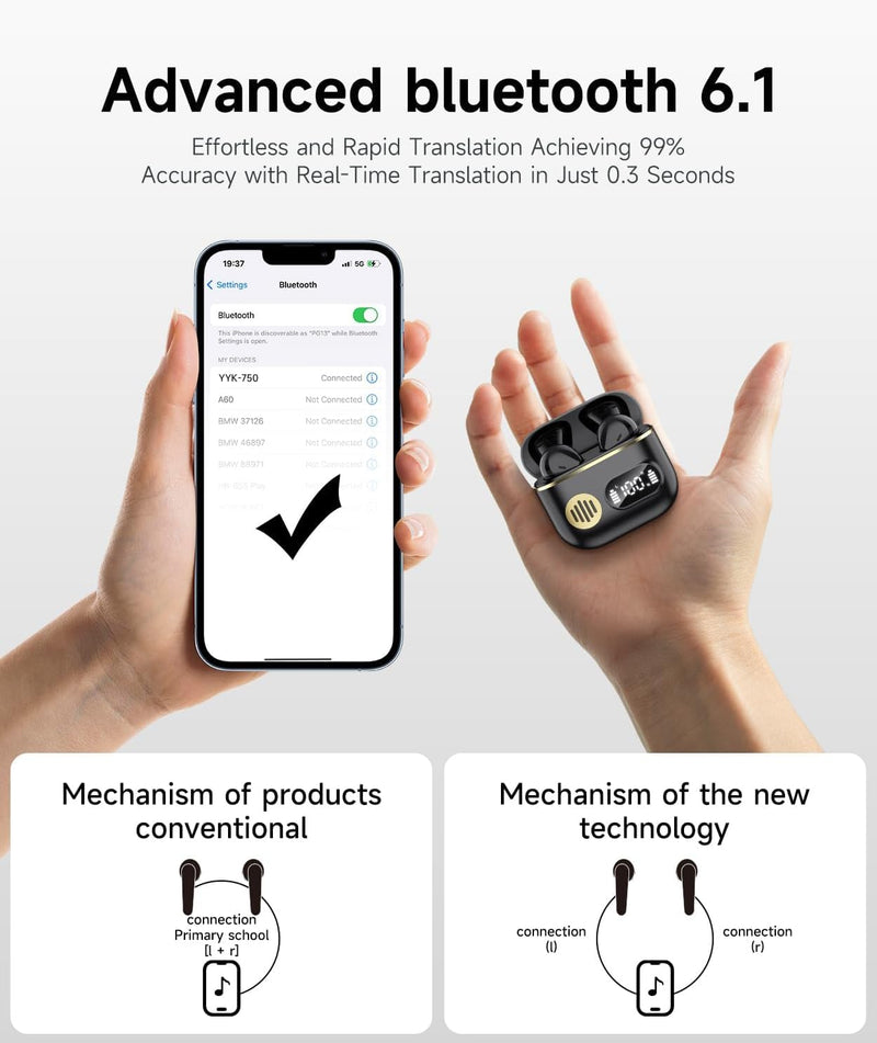 CoolJumper Wireless Bluetooth 6.1 Earbuds with Real-Time AI Assisted Translation, Digital LED Charging Case Waterproof Sport in Ear Headphones for Travel Gym Running Solid black