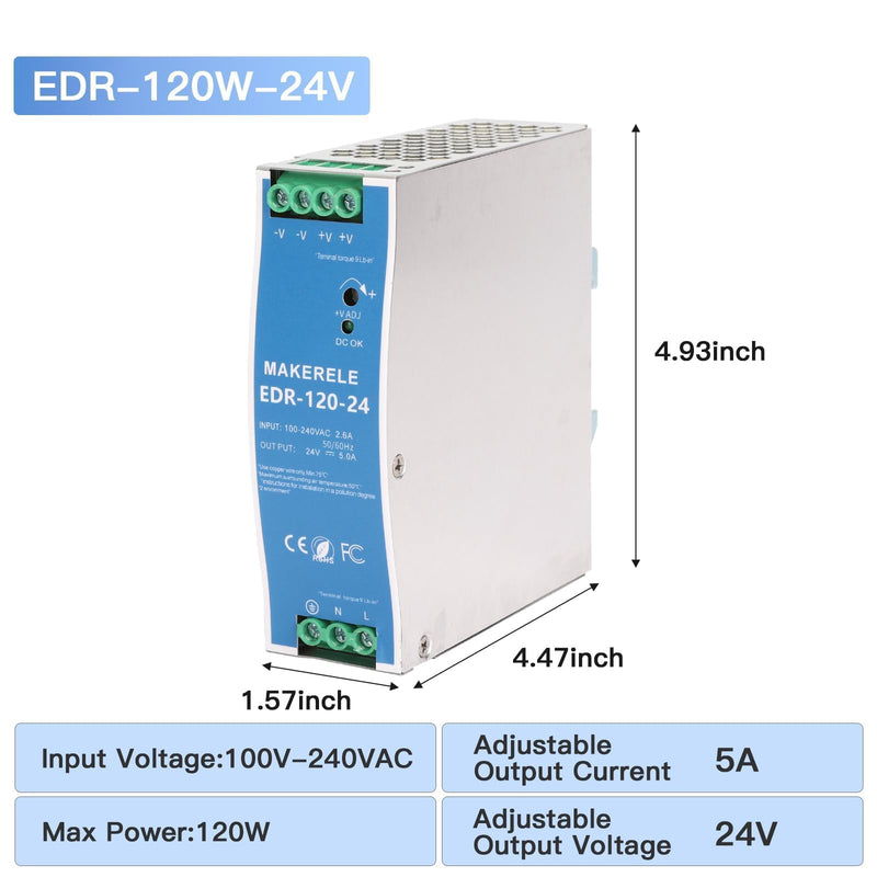 MAKERELE 120W 24V AC to DC DIN Rail Power Supply, 5 Amp EDR Power Switching Converter (120W 24V 5A) 120W-24V