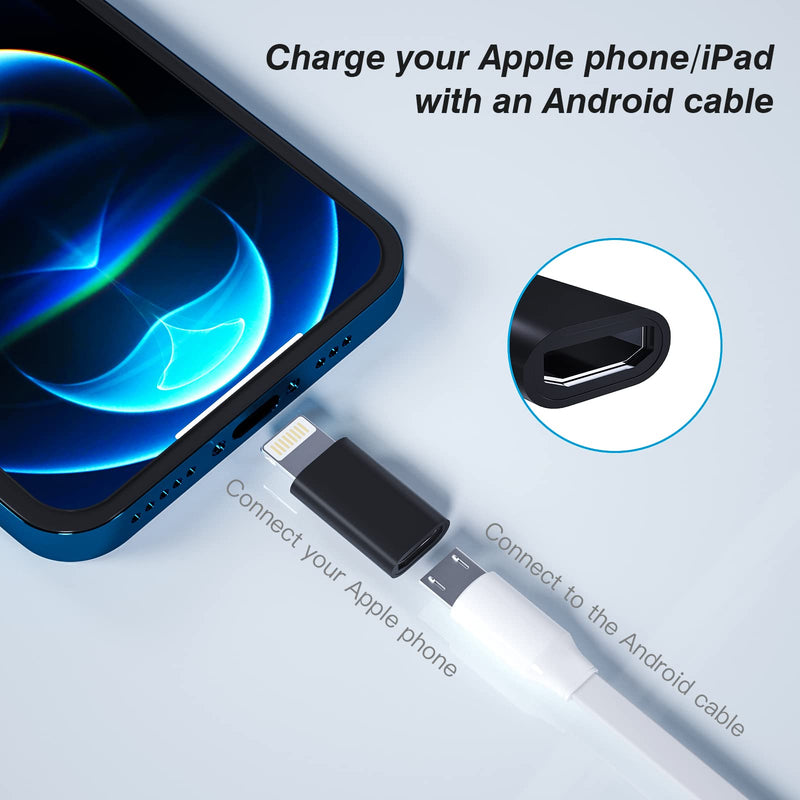 Micro USB Female to Lightning Male Charging Adapter 3 Pack for iPhone 14 13 12 11 Pro Max Android Cable Compatible for Apple MFi Certified Micro USB Adapter for iPad Pro Air Mini