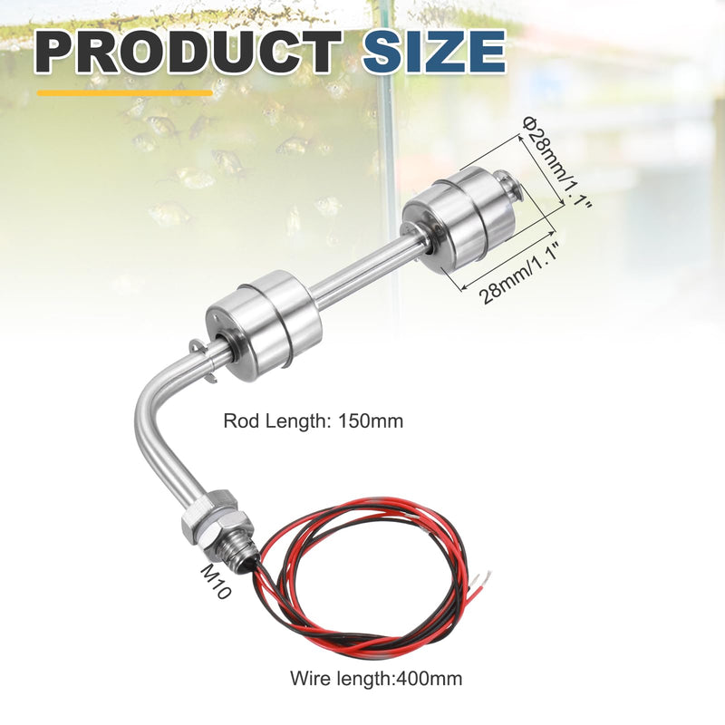 MECCANIXITY Stainless Steel Float Switch, 150mm Rod 110V DC 0.5A Horizontal Water Level Sensor M10 Thread Double Tank Liquid Level Controller for Pump/Alarm 1 Pcs