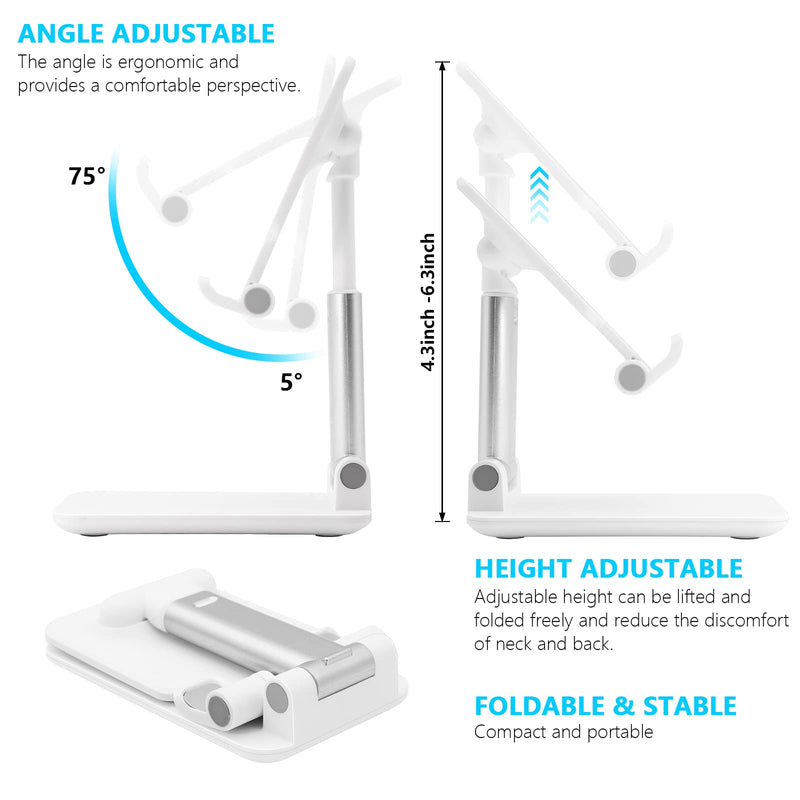 Cell Phone Stand, Folding Desktop Phone Stand, Angle Height Adjustable Mobile Phone Holder for Desk, Office, Tablet Stand Compatible with All Phones 4-10’’ Cellphone & Tablet (White) B-White