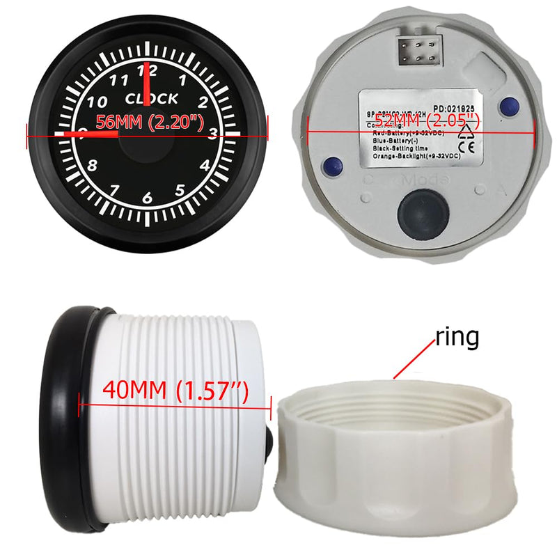 2" /52mm Clock Gauge 12-Hour Meter with Backlight 12V 24V for Car Boat Sedan Motorbike Waterproof Type (Black&Black) Black&Black