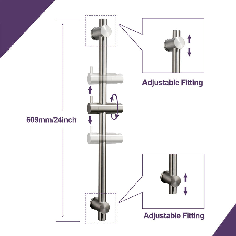 24 Inch Shower Slide Bar with Adjustable Shower Holder Wall Mount Sliding Bar Stainless Steel Wall Mounted Shower Slide Bar with Adjustable Shower Head Holder, Brushed Nickel