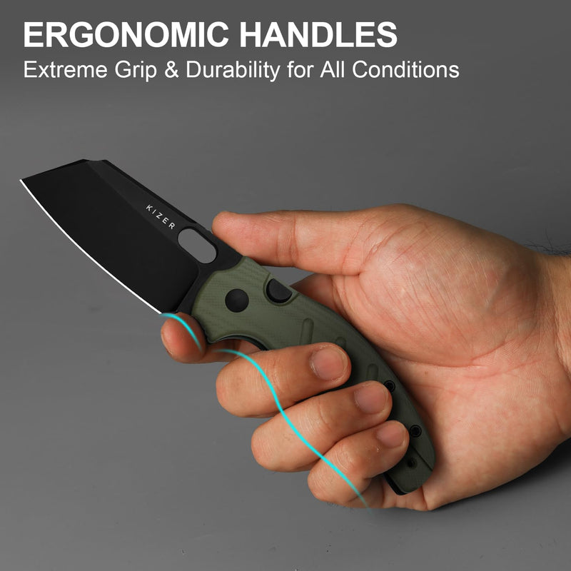 Kizer C01C 2.9 BS Sheepdog Pocket Knife, 2.95" D2 Blade Folding Knife with Olive Green G10 Handle, Button Liner Lock & Thumb Hole, Small EDC Knives for Camping Hiking Survival, V3488.29BSM1