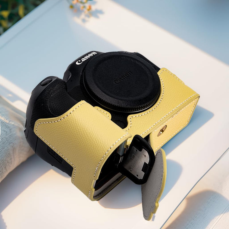 for Canon EOS R6/R6II Camera Case,Handmade Genuine Real Leather Half Camera Case Bag Cover for Canon EOS R6/R6II Camera Bottom Opening Version + Hand Strap (Yellow) yellow
