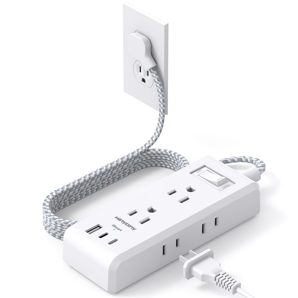 Cruise Ship Essentials, Flat Plug Extension Cord, Power Strip with 6 Outlets 3 USB Ports(2 USB C), 5ft Outlet Extender with Wall Mount No Surge Protector for College Dorm Room Travel Essentials white-Braided Flat Extension Cord