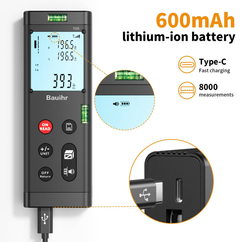 Bauihr 393ft Dual Laser Measuring Tool Aluminum Rechargeable Distance Meter | 120m Bilateral Laser Measurement Tool with Backlit LCD Display, Digital Angle, M/in/Ft Unit Switching