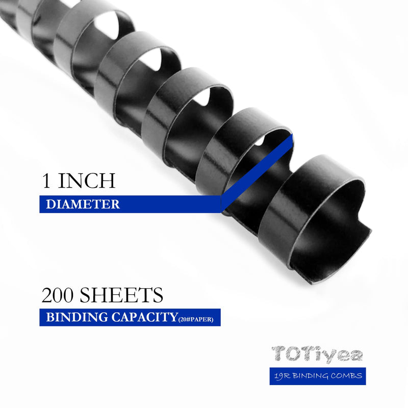 TOTiyea 50 Pack19 Ring Plastic Binding Combs, 1 Inch Diameter,200 Sheet Capacity, Letter Size, Black Comb Binding Spines 1" 50 pack