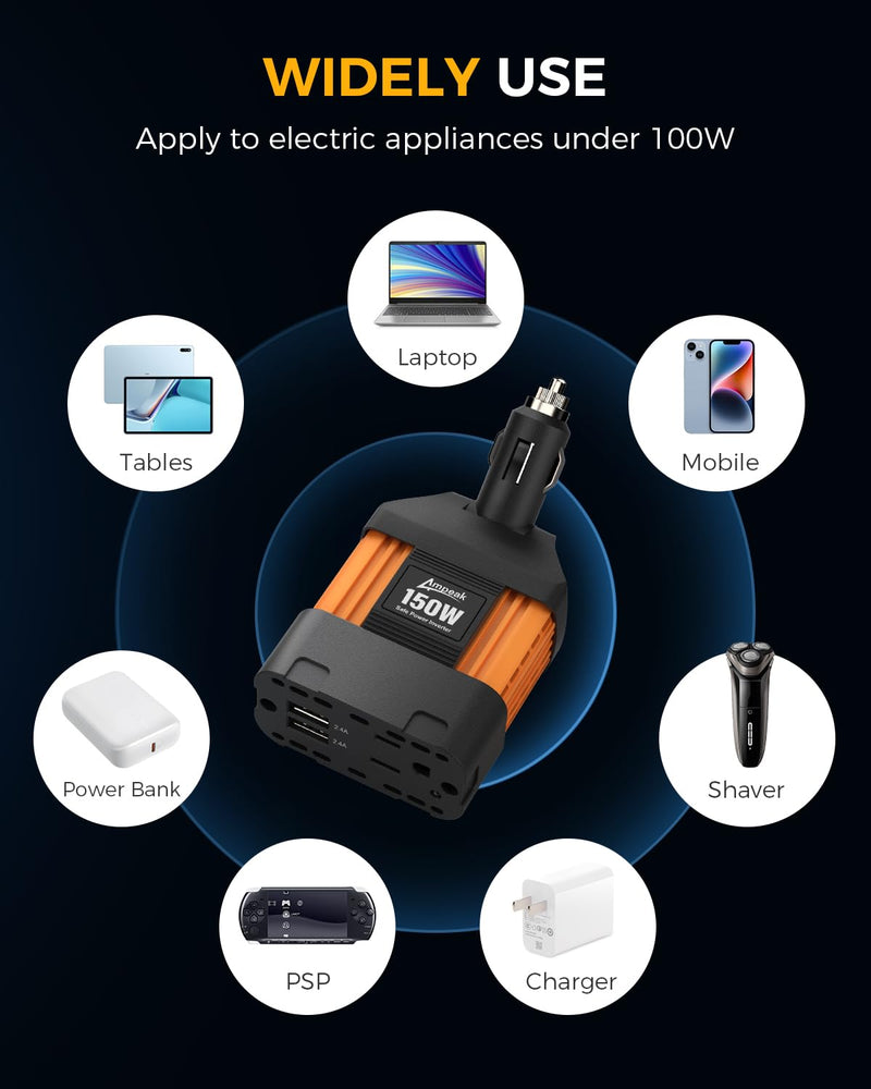 Ampeak 150W Car Power Inverter 12V DC to 120V AC Converter Plug in Adapter with 4.8A Dual USB Ports AC Outlet 11 Safe Protections Cigarette Lighter Adapter Car Laptop Phone Charger for Vehicles 150W Orange