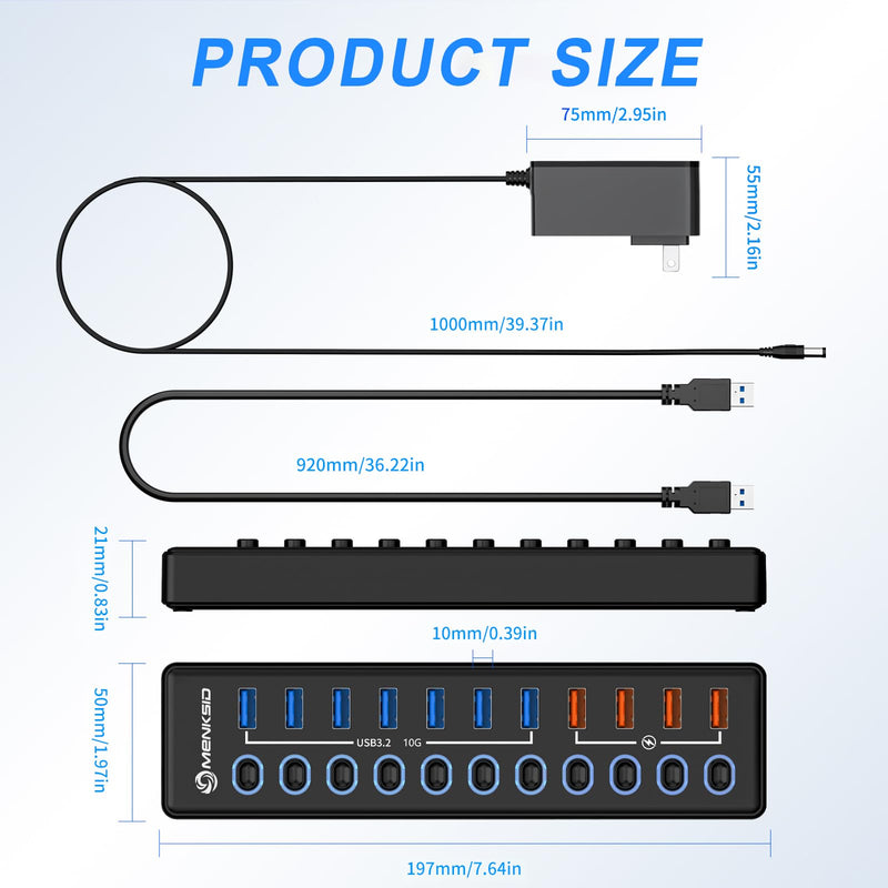 Powered USB Hub, MENKSID 11-Port USB Hub, 7 USB 3.2 Data Transfer Ports + 4 Smart Charging Ports, Independent Switch (with LED Power Indicator), USB 3.2 Hub Powered with Power Adapter for Mac, PC USB3.2-P7+4