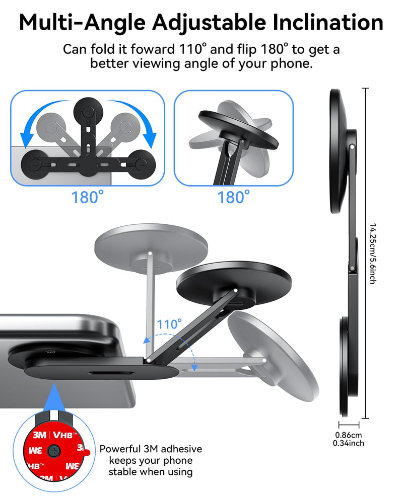 Magnetic Laptop Phone Holder Charger Compatible with MagSafe iPhone, 15W Fast Wireless Charger, 110° Foldable & 180° Adjustable Side Phone Mount for Computer/Tesla/Monitor/All Phones, Black