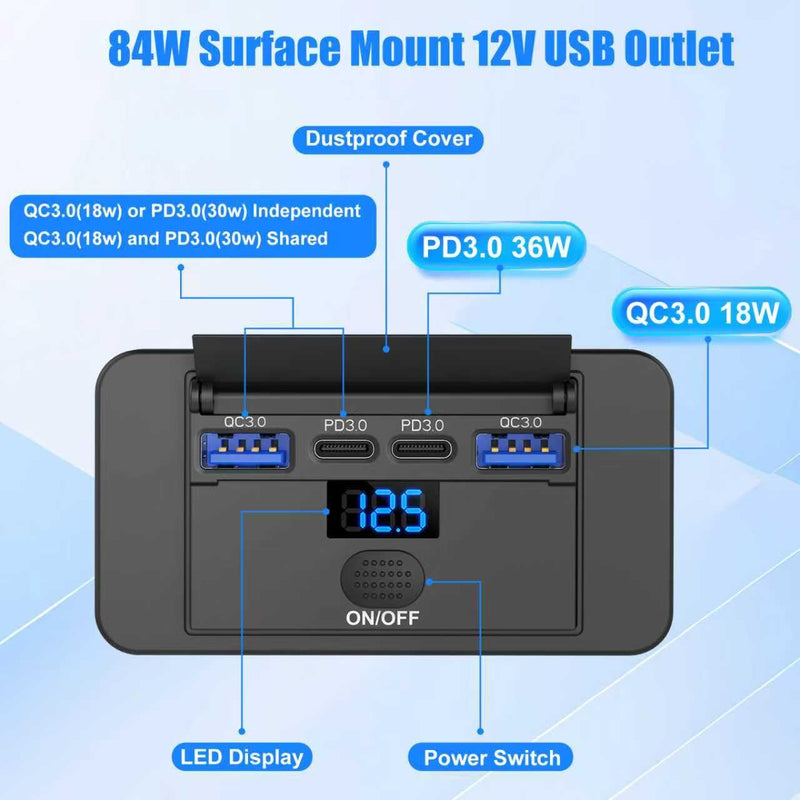 2 Pack 12V USB Outlet Surface Mount 4 Port with Voltmeter, Dual PD 36W and QC3.0 18W Car USB Port Lightweight Charger Socket Replacement Panel with Button Switch for Boat Bus Marine RV Truck Golf Cart 2 pack