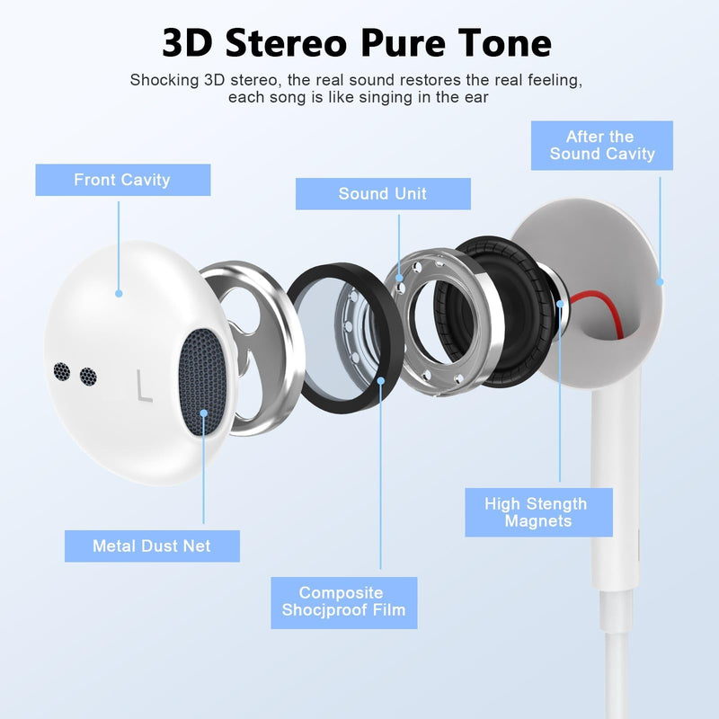 2 Pack [Apple MFi Certified] USB C Headphones Wired for iPhone 17 16 15 | Wired Earbuds with Microphone & Remote Control Noise Cancelling Type C Earphones for iPhone 17 16 15 Pro Max,iPad Pro,Galaxy CWhite