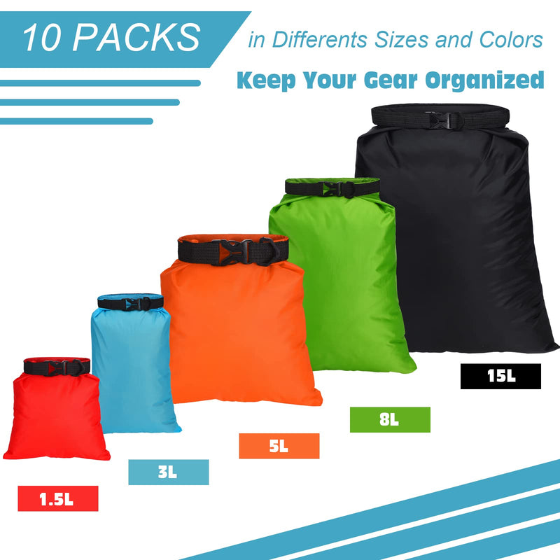 LEIFIDE 10 Pcs Ultralight Dry Bags Waterproof Lightweight Airtight Bags Ripstop Camping Gear Dry Sack Portable Roll Top Pack for Backpacking Kayaking Rafting Hiking Swimming Boating Outdoor 5 Sizes