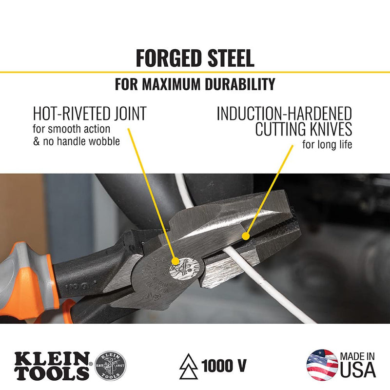Klein Tools 2139NERINS 1000V Insulated Side Cutter Pliers, Made in USA, High Leverage Design, Induction Hardened Knives, 9-Inch