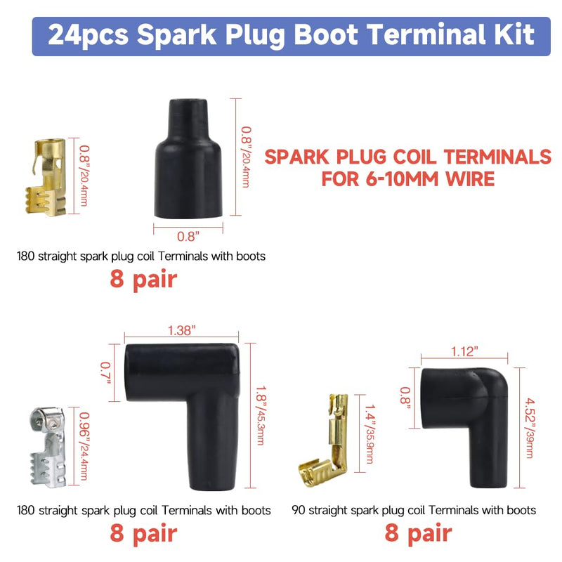 Spark Plug Wire Crimping Tool Kit for Ignition Cables, Ratcheting Crimper, 24 Spark Plug Terminals (180° 90° Straight), 24 Boots, Fits up to 8.5mm Wires For Spark Plug Ignition Wire with Box