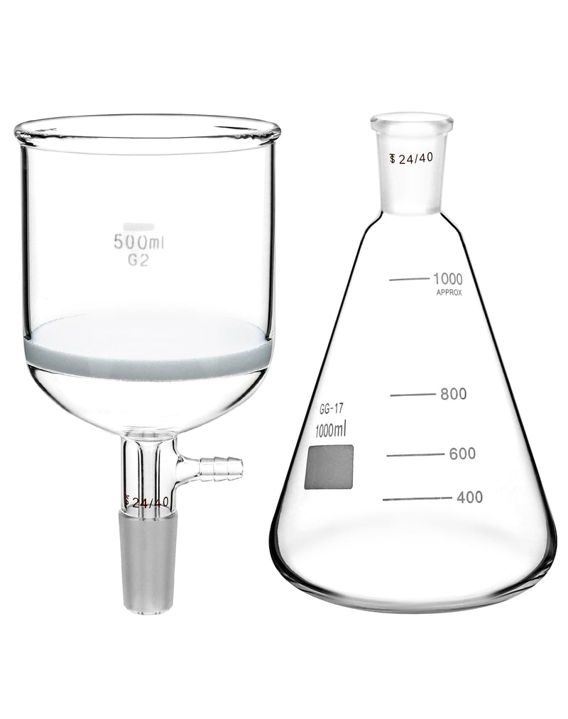 QWORK Borosilicate Glass 500ml Buchner Filtering Funnel and 1000 mL Erlenmeyer Flask, with Standard 24/40 Joint