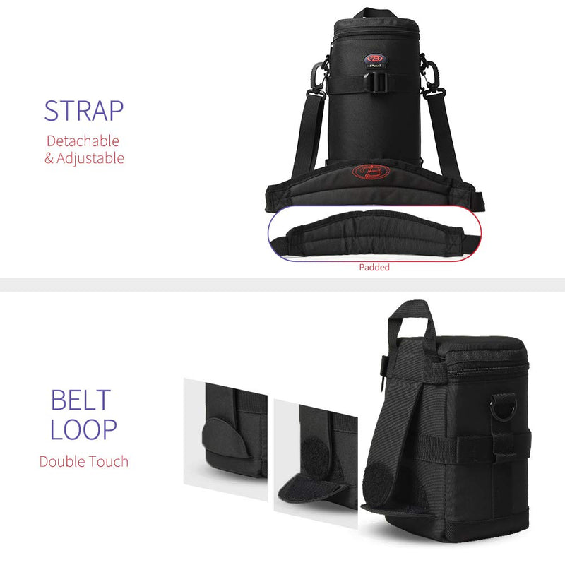 Camera Lens Pouch for DSLR Lenses Up to 4.72" x 9.45" | Durable Water-Resistant Lens Case with Thick Padding, Zip Closure & Shoulder Strap for DSLR Lens Protection BL-0009
