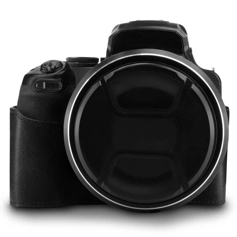 MegaGear Leather Camera Half Case & Strap Compatible with Nikon COOLPIX P1000, Ever Ready - Black