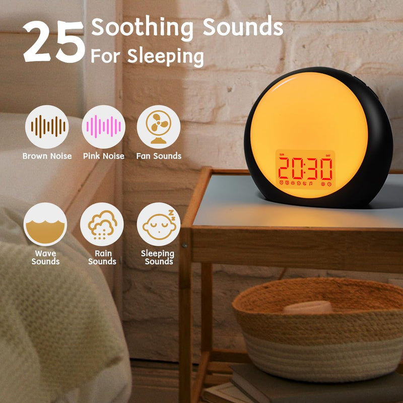 Sunrise Alarm Clock Wake Up Light for Kids Heavy Sleepers Bedroom with Sunrise Sunset Simulation Sleep Aid Dual Alarms Snooze Nightlight Brown Noise sound machine with 25 Nature sounds for Sleeping Black